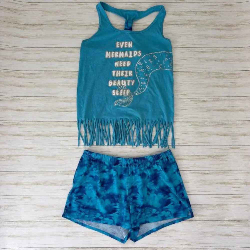 Justice blue tie dye set with mermaid graphic and text